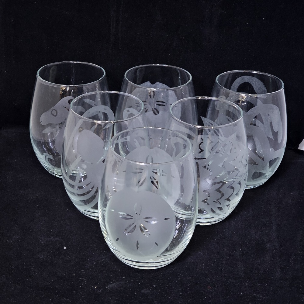 6 Coastal Stemless Wine Glasses Beach‎ House Housewarming Honu Hawaiian Sealife